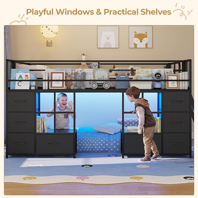 BTHFST Low Bunk Bed Twin Over Twin with 8 Fabric Drawers & Bookshelf, Twin Bunk Beds with RGB LED Lights, Windows, Metal Bunk Beds for Kids with Slanted Ladder & Safety Guardrails, Space Saving, Black