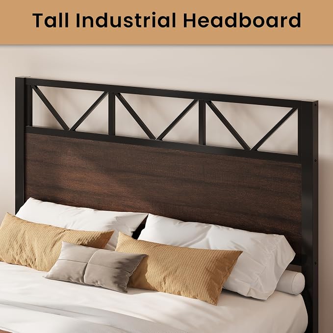 LIKIMIO Queen Bed Frame, Tall Industrial Headboard 51.2 ", Platform Bed Frame with Strong Metal Support, Solid and Stable, Noise Free, No Box Spring Needed, Easy Assembly, Dark Brown