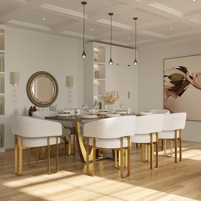 Dining Chairs, Off White Boucle Upholstered Dining Room Chairs with Brushed Gold Metal U-Shaped Legs, Luxury Side Chairs with Arms(Set of 9)