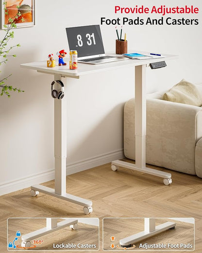 Okin Standing Desk Electric Adjustable Computer Whole Piece Stand up Desk with Wheels Office Gaming Home Office Memory Desks 48x24 inches White