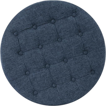 Homepop Home Decor | Large Button Tufted Woven Round Storage Ottoman for Living Room & Bedroom (Navy Woven) 25 inch D x 25 inch W x 15 inch H