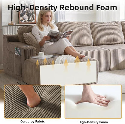 130" U-Shaped Modular Sectional Sofa with Chaise, Boneless Corduroy Flexible Module Seating for Living Room, Cloud Couch with Cup Holders and Side Pockets, No Assembly (Taupe)