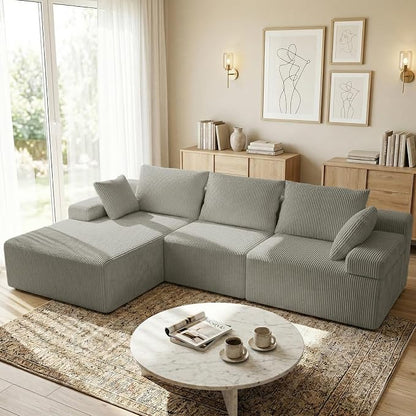 kinmars 108" Boneless Sectional Couch,Corduroy Cloud Couch Sectional for Living Room,Modern L Shaped Modular Sectional Couch,3 Seater Sofa (Camel, 108.9" L Shaped with Left Facing Chaise)