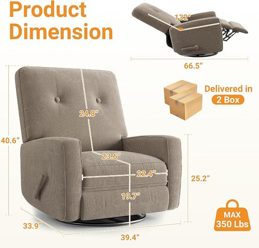 IDEALHOUSE Recliner Chair, 360° Swivel Rocking Glider Chair for Adults with Adjustable Backrest & Footrest, Cozy Corduroy Upholstered Armchair for Living Rooms, Bedrooms, Apartments, Brown