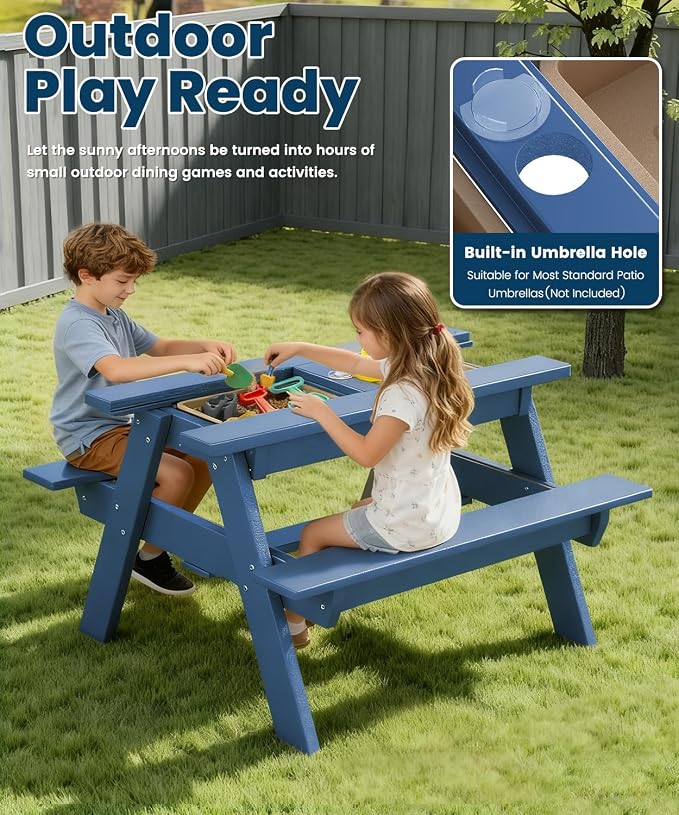 FOOWIN Kids 3-in-1 Sand & Water Table,HDPE Outdoor Convertible Picnic Table w/Detachable Tabletop, for Outdoor Backyard Patio Play Blue