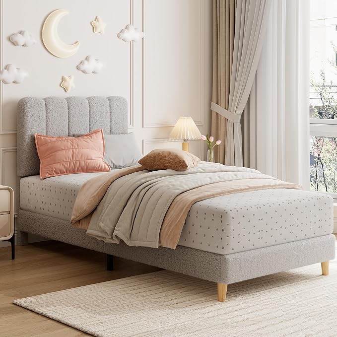 GarveeHome Twin Bed Frame, Upholstered Platform Bed with Wave Headboard for Girls/Kids, Easy Assembly, Wooden Slats Support, No Box Spring Needed, Boucle Grey