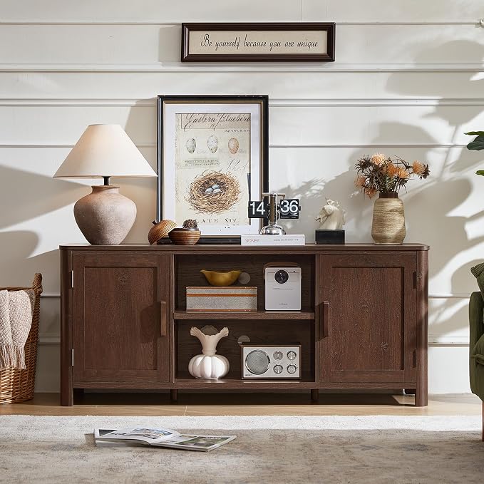 Joaxswe Farmhouse 55" Entertainment Center,Walnut Tv Stand with Adjustable Shelves & 2 Door Storage,Wooden Media Console Cabinet for TVs Up to 65 inches, Rustic Tv Stands for Living Room,Bedroom