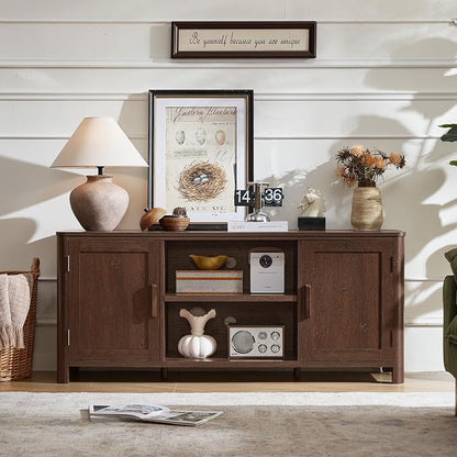 Joaxswe Farmhouse 55" Entertainment Center,Walnut Tv Stand with Adjustable Shelves & 2 Door Storage,Wooden Media Console Cabinet for TVs Up to 65 inches, Rustic Tv Stands for Living Room,Bedroom