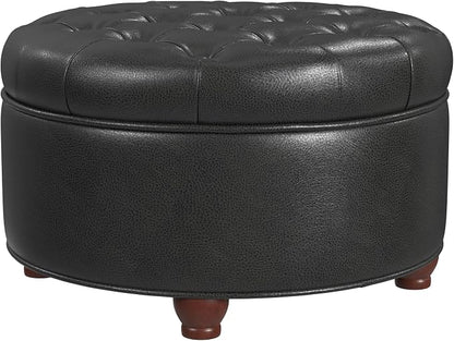 HomePop 25" Button Tufted Round Storage Ottoman - Black Faux Leather