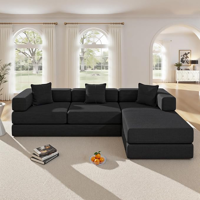 ivoros 108" Oversized Convertible Sleeper Sofa Bed, Corduroy L Shape Sectional Couch, Folding Sofa Bed with Fixed-Shape Frame, Modern Cloud Floor Mattress Couch, Modular Sofa for Living Room, Black