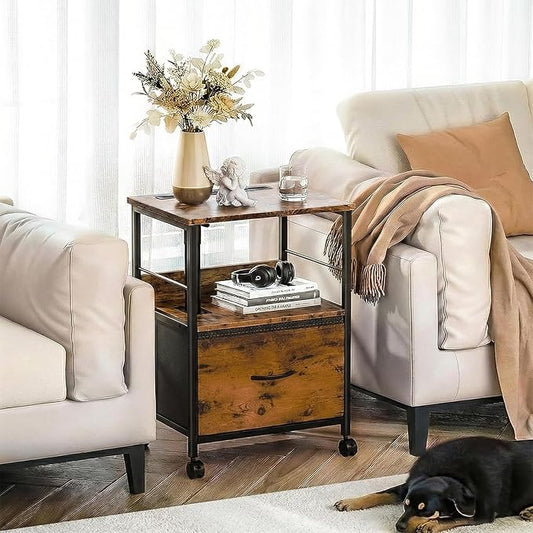 Faesun Swivel Lift Top Nightstand, Rolling Side Table for Recliner, Bedside Table with Wheels & a Fabric Drawer, for Small Spaces, for Bedroom, Living Room, Brown