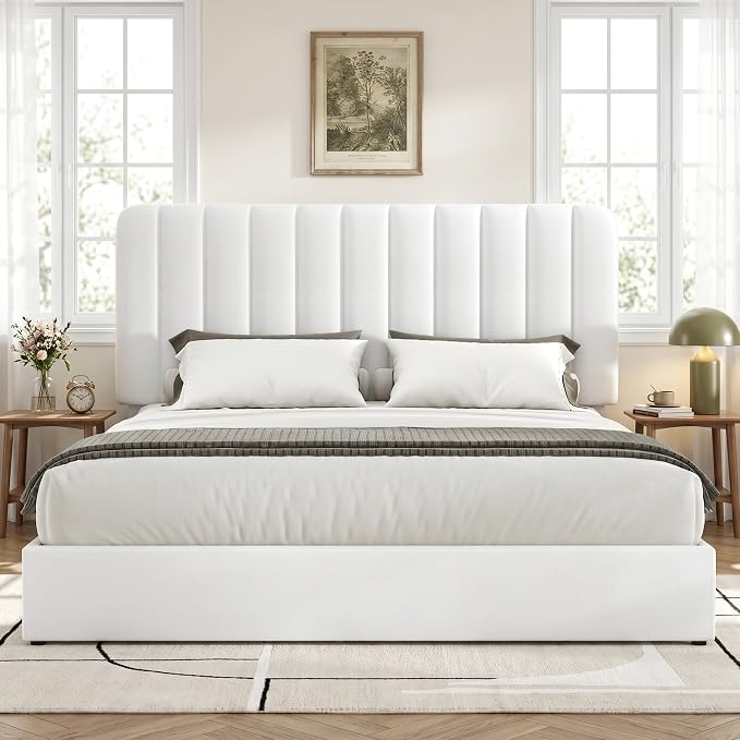 VECELO Queen Size Upholstered Bed Frame with 4 Drawers and Headboard, Velvet Platform Storage Bedframe, Wooden Slats Support, No Box Spring Needed,Snow-White
