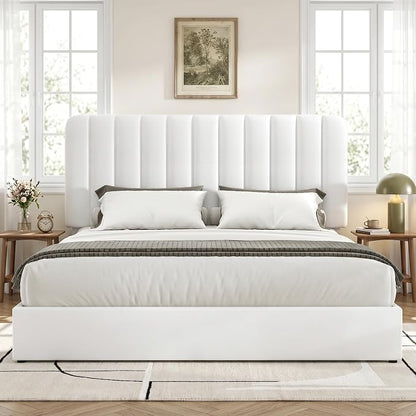VECELO Full Size Upholstered Bed Frame with 4 Drawers and Headboard, Velvet Platform Storage Bedframe, Wooden Slats Support, No Box Spring Needed,White