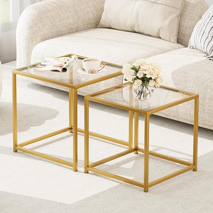 Garden 4 you Coffee Table Set of 2, Modern Glass Nesting Table, Metal Frame Square Center Table Set, Side Tables, Nesting Coffee Table for Living Room, Bedroom and Small Spaces, 19.7in Gold