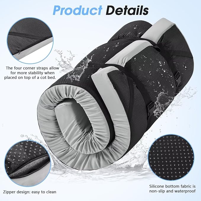 CYMULA 3 Inch Memory Foam Camping Pad, Camping Essentials Roll Up Floor Mat for Car Camping, Cot, Tent, Truck, Travel and Guest Use, Non-Slip Waterproof Bottom, Removable Cover