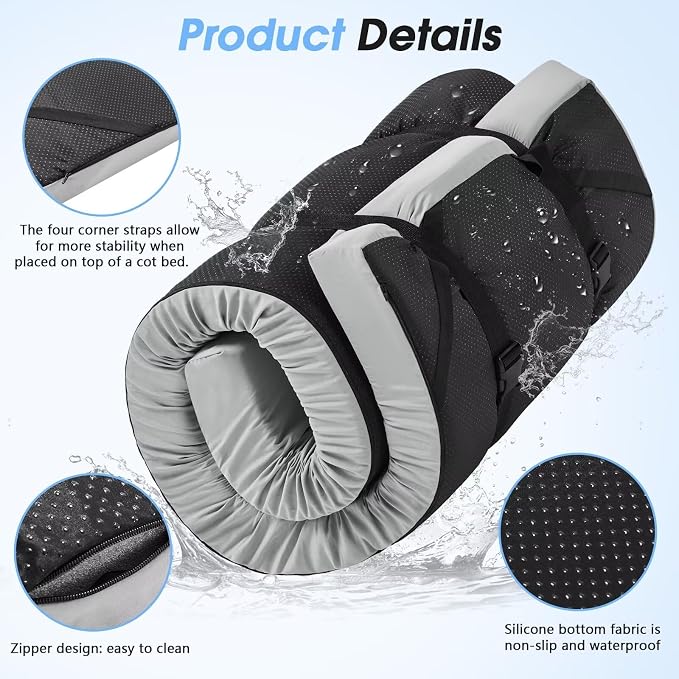 CYMULA 3 Inch Memory Foam Camping Pad, Camping Essentials Roll Up Floor Mat for Car Camping, Cot, Tent, Truck, Travel and Guest Use, Non-Slip Waterproof Bottom, Removable Cover
