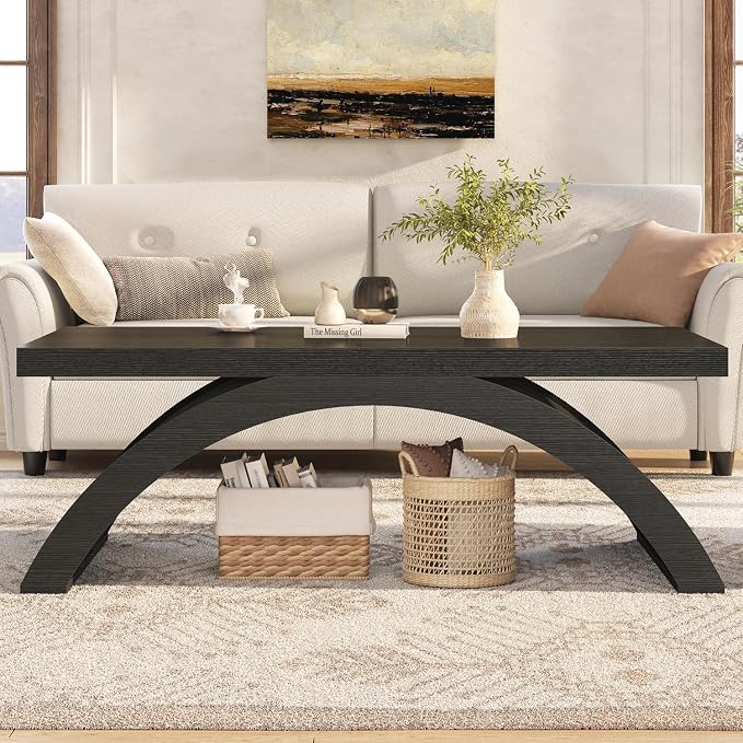 HSH 47" Modern Rectangle Wood Coffee Table for Living Room, Black Oak | Large Rectangular Center Table, Low Table with Sculptural Arched Base, 200 lb Capacity, Easy Assembly