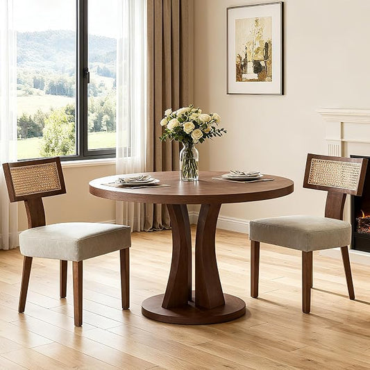 RIVOVA Rattan Dining Chairs Set of 2, Mid-Century Modern Dining Chair, Kitchen Dining Room Chairs, Curved Cane Back Upholstered PU Leather Dining Chairs with Wood Frame, Grey