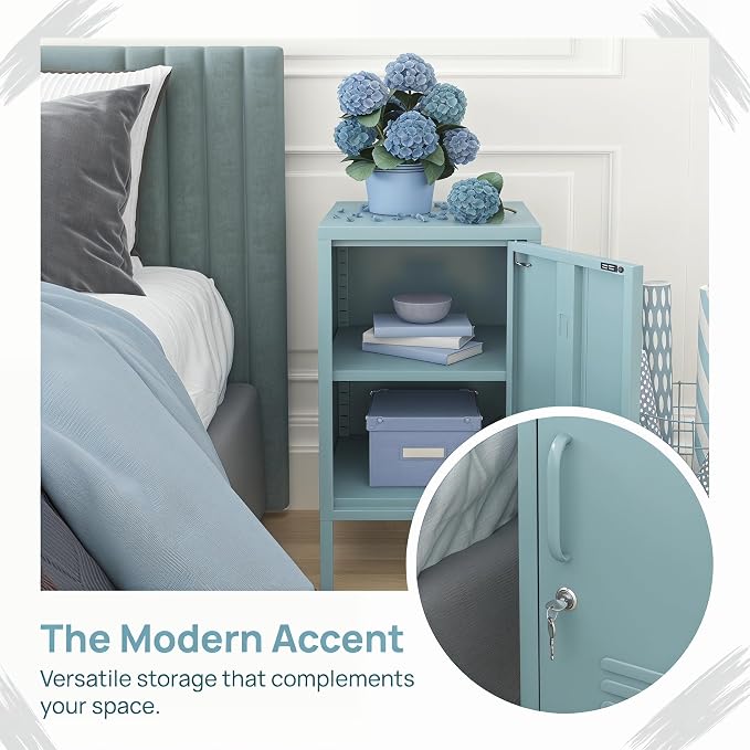 Single Door Lockable Metal End Table & Children's Bedside Table, 2-Tier Storage Cabinet with Adjustable Shelf, Easy Assembly Side Table for Living Room Bedroom Home Office Blue