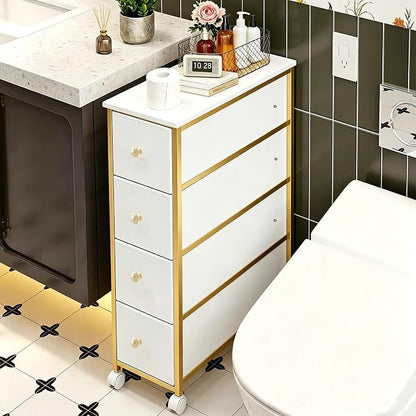 Narrow Storage Cabinet, Narrow Nightstand Dresser with 4 Drawers, Slim Fabric Dresser Storage Tower for Small Spaces, Gold Dresser for Bedroom, Bathroom, Laundry, Closet