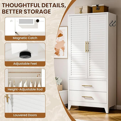 Metal Armoire Wardrobe Closet, 71" Clothing Storage Cabinets with Adjustable Hanging Rod and Shelves , Louvered Doors, 2 Side Hooks & 2 Drawers - Closet Cabinet for Bedroom, Laundry Room, Cloak Room