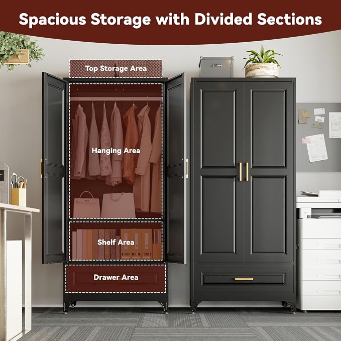 Metal Armoire Wardrobe Closet with Hanging Rod, 71" Tall Wardrobe Cabinet with Doors and Adjustable Shelves, Clothing Storage Cabinets with Drawer for Bedroom