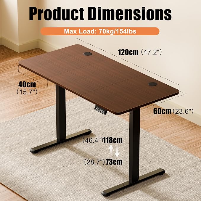 ERGOMAKER Electric Standing Desk, 47.2" x 23.6" Height Adjustable Sit Stand Desk with Splice Board for Home Office, Computer Desk Memory Preset (Black Frame, Walnut Desktop)