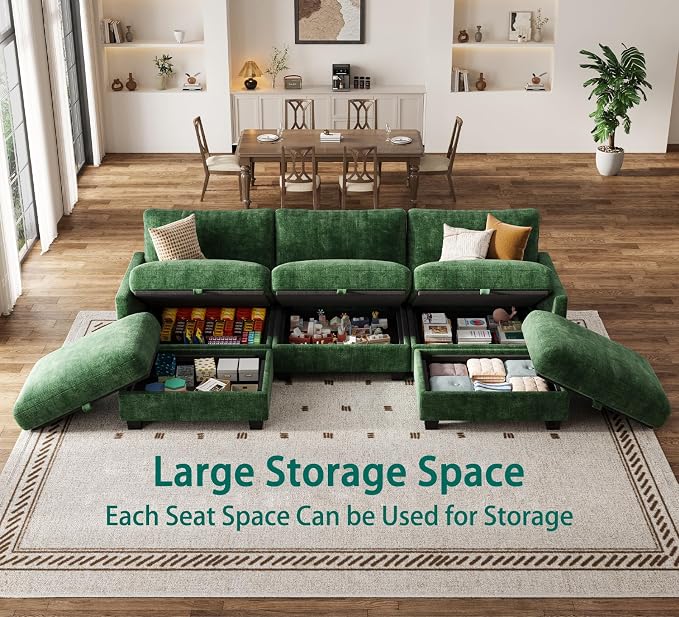 Modular Sectional U Shaped Sofa Couches for Living Room, Cloud Couch with Storage Ottoman, Comfy Chenille Sofa with Pillow, Green