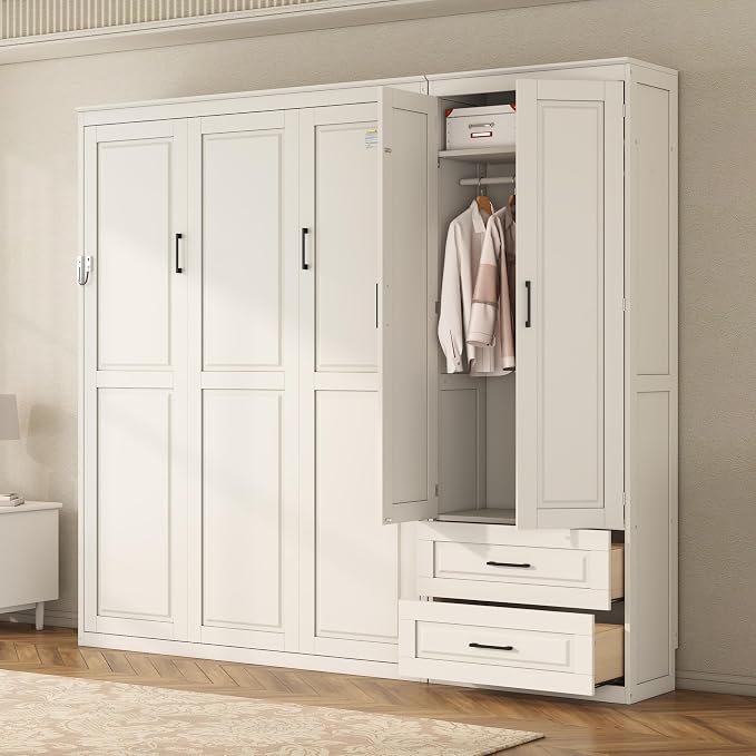 Merax Farmhouse Multi-Functional Murphy Bed with Wardrobe & Drawers,White | Queen Size Foldable Wall Platform Bed Upholstered Headboard for Guest-Room, Bedroom/ Space Saving