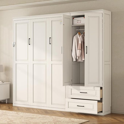 Merax Farmhouse Multi-Functional Murphy Bed with Wardrobe & Drawers,White | Queen Size Foldable Wall Platform Bed Upholstered Headboard for Guest-Room, Bedroom/ Space Saving