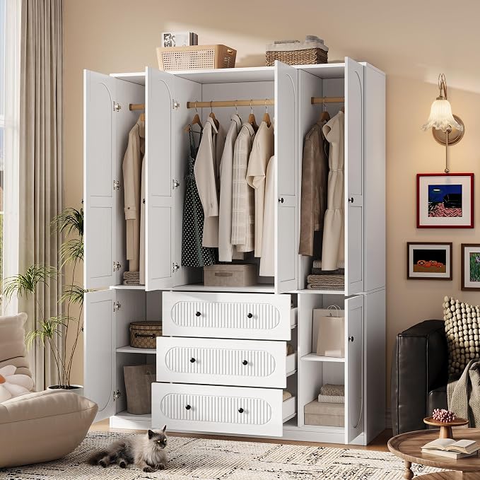 TOKSOM 4 Doors Freestanding Armoire Wardrobe Closet, 72" White Wardrobe Armoire Wooden Closet Large Capacity Storage with 3 Drawers & 3 Hanging Rod Shelves Clothes Organizer