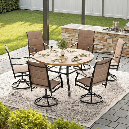 Soohow Outdoor Dining Set for 6, 7-Piece Patio Table and Chairs Set, 6 x Swivel Patio Dining Chairs and 47" Wood-Like Round Outdoor Table with 1.57" Umbrella Hole for Backyard, Poolside