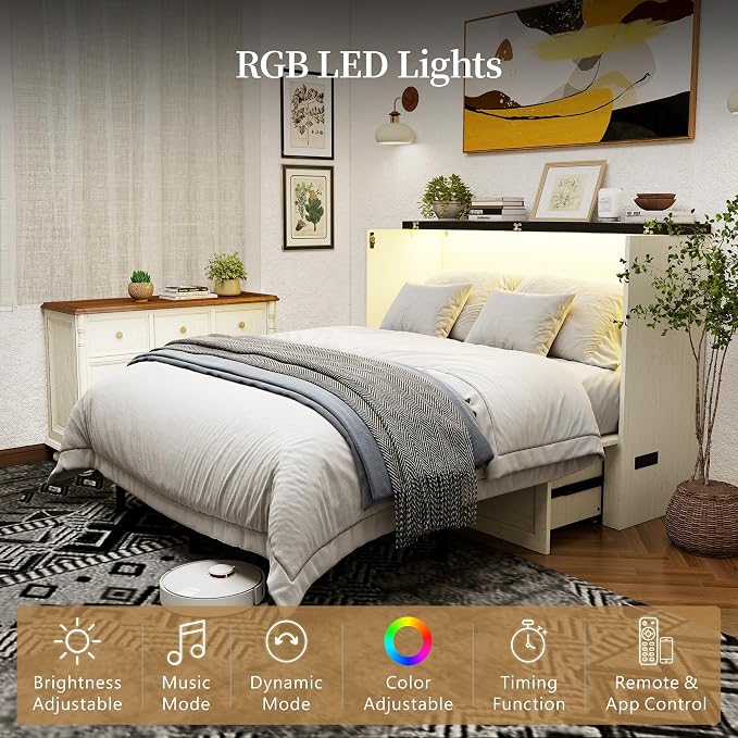 Ihanherry Queen Murphy Bed with Storage Drawer, Farmhouse Cabinet Bed with LED Lights & Charging Station, Space Saving Wall Bed for Small Bedroom/Home Office, Noise Free & Easy Assembly, Rustic White