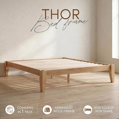 Thor Premium Solid Wood Bed Frame Queen, Japanese Joinery Bed Frame with Wood Slat Support, Platform Bed, No Box Spring Needed, Easy Assembly, Minimalist & Modern Style (Light Oak)