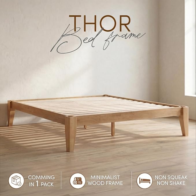 Thor Premium Solid Wood Bed Frame Queen, Japanese Joinery Bed Frame with Wood Slat Support, Platform Bed, No Box Spring Needed, Easy Assembly, Minimalist & Modern Style (Light Brown)