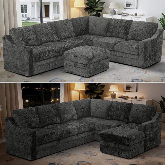 115 Inches Chenille Sectional Sofa with Storage Ottoman, Modern 7 Seats Corner Couch with Deep Seat, Comfy Modular U Shaped Couch with Comfortable Cushions for Living Room, Grey