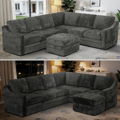 115 Inches Chenille Sectional Sofa with Storage Ottoman, Modern 7 Seats Corner Couch with Deep Seat, Comfy Modular U Shaped Couch with Comfortable Cushions for Living Room, Grey