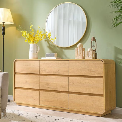 Standifurno Natural Dresser for Bedroom with 9 Drawers, 63" Wide Modern Drawers with Curved Design, Wood Drawer Organizer for Living Room, Hallway