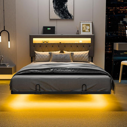 VINGLI Full Size Floating Bed Frame with LED Lights, Adjustable Velvet Upholstered Bed with Charging Station, Modern Metal Full Bed, Easy Assembly, No Box Spring Needed, Grey