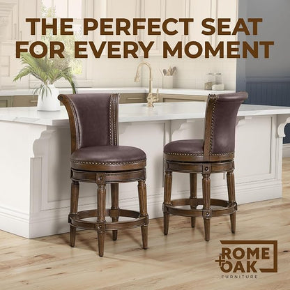 ROME + OAK Set of 3 Runyan 26" Swivel Counter Stool, Rotating High Back Barstool in Dark Walnut Finish with Vintage Brown Vegan Leather Seat