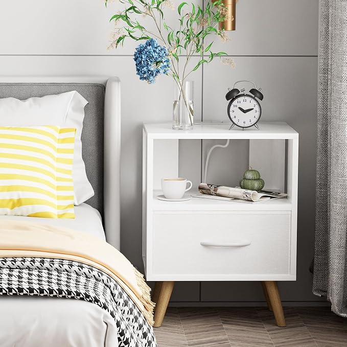 Aenuert Night Stand with Charging Station, White Nightstand with Drawer, 3-Tier Wooden Bedside Table with USB Ports and Outlets, End Table for Small Space, Living Room, Bedroom
