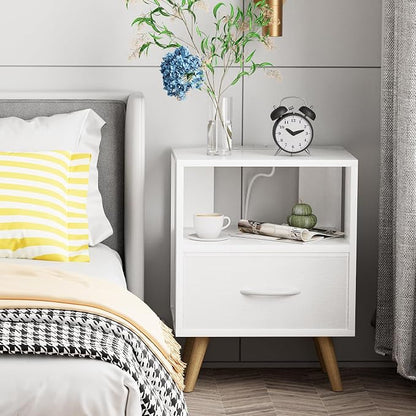 Aenuert Night Stand with Charging Station, White Nightstand with Drawer, 3-Tier Wooden Bedside Table with USB Ports and Outlets, End Table for Small Space, Living Room, Bedroom