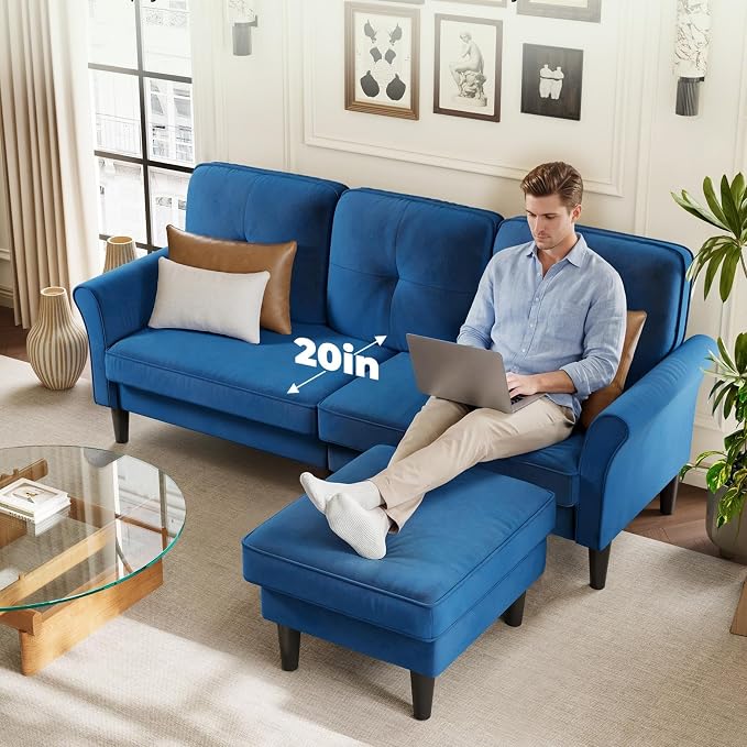 Welzona Sectional Couches for Living Room, 83" Velvet Modern 3 Seater Sofa, L Shaped Couch with Ottoman, Small Sectional Couch Sofas for Living Room, Bedroom, Apartment, Office, Blue Sofa
