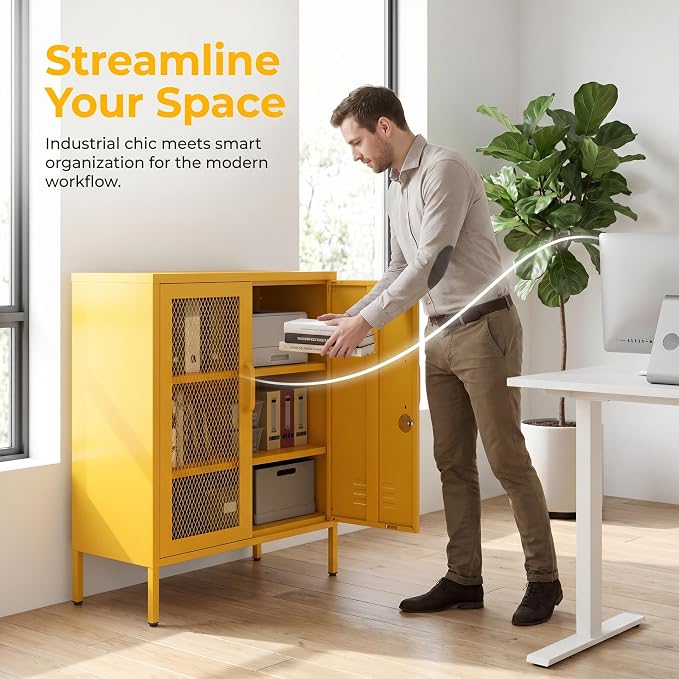 Locking Steel Storage Cabinet Shoe Cabinet for Living Room Bathroom Kitchen Left Wire Mesh Door Right Iron Door Yellow Size：33" H x 29.5" W x 13.8" D