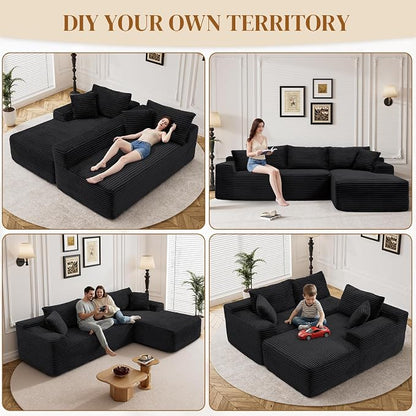 95" L Shaped Boneless Sectional Couches, Wide Armrest, Deep Seat, Memory Foam, Assembly Free, Modern Comfy Corduroy Fluffy Cloud Sofa with Right Chaise for Living Room, Small Spaces, Black