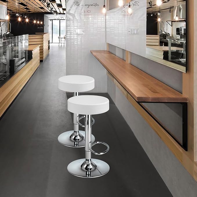Finnhomy Bar Stools Set of 2 Modern PU Leather, Swivel Barstools with Footrest and Backless Round, Counter Height Adjustable Modern Counter stools for Kitchen, White