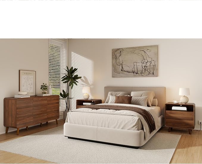 Nasonet Dresser and Nightstand Sets 3 Piece, Mid Century Modern 9 Drawer Dresser and 2 Drawer Night Stand Set 2, Wooden Chest of Drawers Bedroom Furniture Set, Walnut