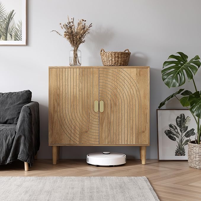 Smuxee Oak Sideboard Cabinet, Freestanding Buffet Cabinet with Line Groove Design, Wood Storage Cabinet with Adjustable Shelf for Living Room, Entryway, Hallway