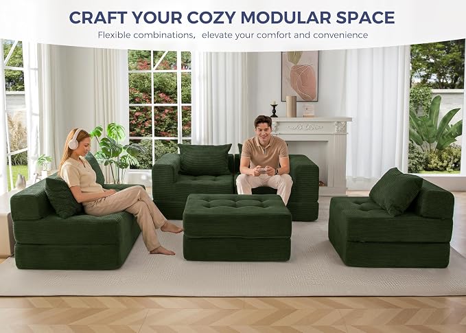 MAXYOYO Modular Sectional Sofa Couch, Foldable U Shaped Cloud Couch with Pillows, Tufted 6-Seat Boneless Sofa Lounger for Living Room, No Assembly Required, Dark Green