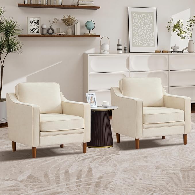 Kingfun Accent Chair Set of 2, Living Room Chairs, Mid Century Reading Armchair, Chenille with Solid Wood Foot, Upholstered Modern Decor for Bedroom, Apartment